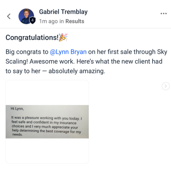Lynn Bryan — first sale through Sky Scaling with glowing client note
